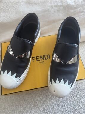 Fendi Black Leather Slip-On Sneakers with Silver Monster Eyes